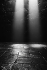 Wall Mural - Mysterious illuminated space with contrasting shadows and light beams creating an intriguing atmosphere in a dark environment. Generative AI