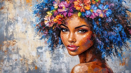 Aufkleber - Portrait of a Woman with Colorful Floral Hair Adornment in an Abstract Painted Style