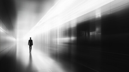 Wall Mural - Lonely figure walking through an abstract corridor with soft light effects in a modern architectural space. Generative AI