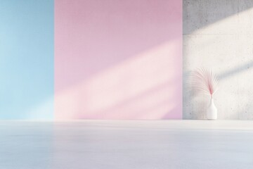 Poster - A spacious indoor area features a minimalist concrete backdrop enhanced by pastel blue and pink walls. A slender vase with delicate foliage adds a touch of elegance and tranquility