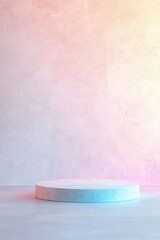 Poster - A circular pedestal rests on a smooth concrete floor that features a soft pastel gradient. This minimalist setting creates a serene ambiance, ideal for showcasing products or art