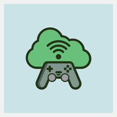 Poster - Cloud gaming icon with green cloud and gray controller and wifi signal on light blue background