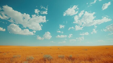 Wall Mural - Vast grassy field under blue sky with fluffy clouds.