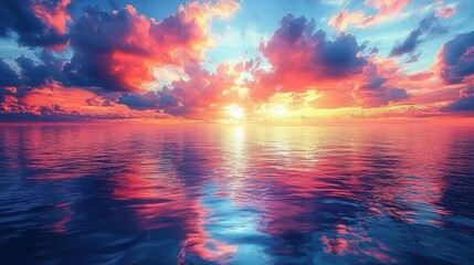 Wall Mural - Vibrant sunrise sky reflecting on tranquil sea surface.