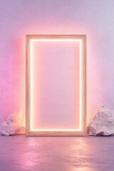 Poster - A natural wooden frame illuminated by vibrant neon accents stands against a softly lit wall, enhancing the modern indoor atmosphere with a touch of warmth