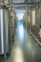 Poster - Industrial processing area with large stainless steel tanks