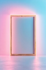 Poster - A natural wooden frame stands against a pastel background, illuminated by soft neon lights that create an inviting atmosphere. Ideal for artistic expression