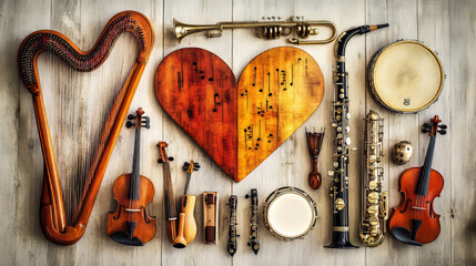 Wall Mural - Musical instruments in shape of heart. Vector isolated icons string and wind musical instruments electric and acoustic guitar, saxophone, harp, drum cymbals , violin bow, trumpet, piano, maracas.