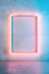 Poster - A natural wooden frame radiates with colorful neon accents against a softly lit background, creating a lively atmosphere perfect for artistic displays or innovative decor