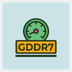 Poster - GDD7 Speedometer Icon with dark green gauge line and orange rectangle with letters on a light blue background