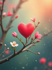 Wall Mural - small heart grows on tree branch amidst blooming flowers and blurred bokeh background with subtle de