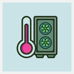 Poster - Illustration of a PC tower with two fans and a thermometer icon on a light blue background