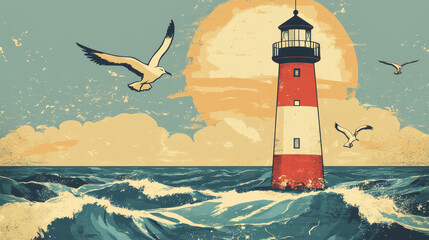 Lighthouse retro poster for nautical adventure and sea or ocean seafarer trip. Vector grunge design of ocean waves with ship navigation light beacon and seagulls