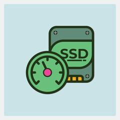 Poster - Icon design of an SSD storage device with a speed gauge on a light blue background