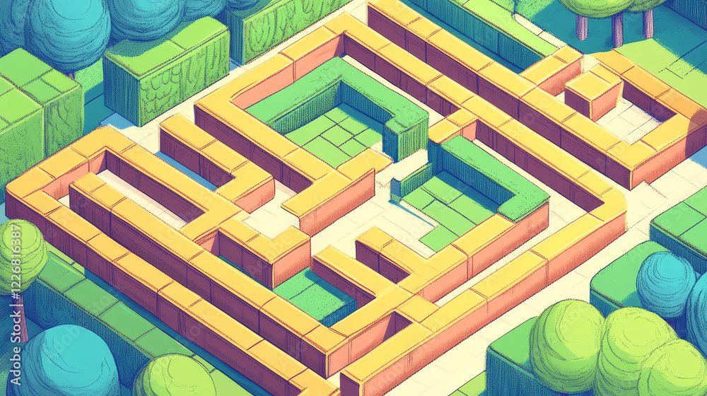 Labyrinth puzzle showing two alternative routes with two entry points ...