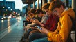 © t.sableaux - A group of teenagers sits at a bus stop, focused on their phones with gloomy expressions as dusk falls, online addiction concept