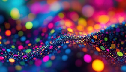 Poster - Vibrant abstract wave of multicolored neon dots on dark background