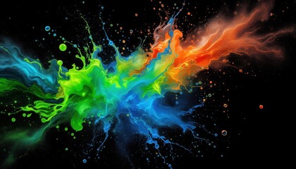 Poster - Vibrant explosion of colorful paint splatters on black background