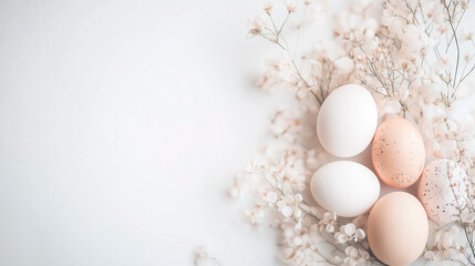 design composition of easter eggs over table background. pastel colors, flower, celebration. soft light, wallpaper
