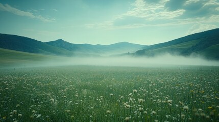 Wall Mural - Misty morning meadow, mountain backdrop, serene landscape, travel poster