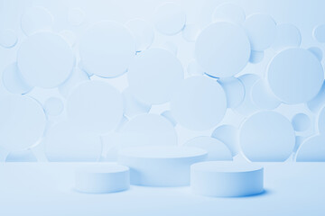 Poster - set of three light blue round podiums on abstract stage, mockup. flying circles decor. template 3d i