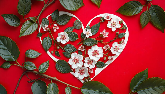 Floral Heart Cut-Out on Red Background, Floral Heart Cut-Out on Red Background, Beautiful Heart Cut-Out with Floral Design on Red