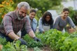 © Attasit - A community vegetable garden with diverse people planting, watering, and harvesting in a vibrant urban setting.
