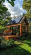 © Attasit - A compact, sustainable tiny house with wooden paneling, solar panels, and a lush green yard.