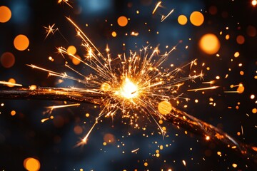 Poster - Fiery sparks burst from a burning fuse against a dark background with bokeh effect