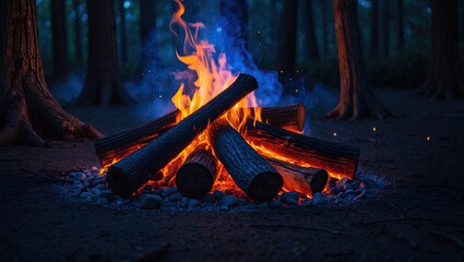 a campfire burns in the middle of a dark forest at night