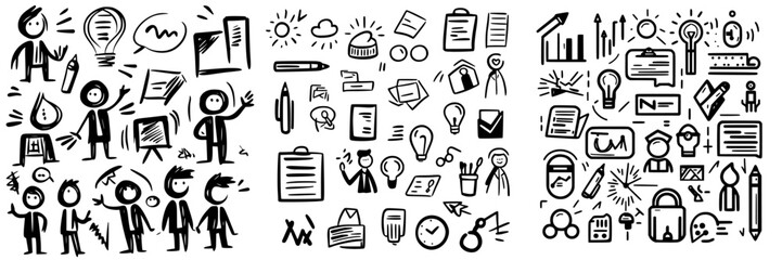 Poster - creative doodles of people engaging in various activities related to brainstorming and teamwork in a