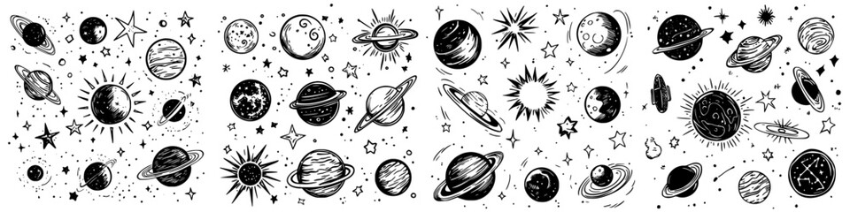 Poster - cosmic patterns featuring stars, planets, and celestial bodies in a decorative monochromatic style