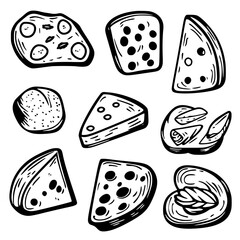 Poster - Different types of bread and cheese arranged artistically in a modern doodle style