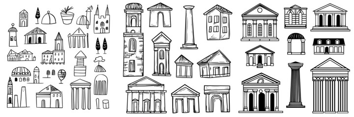 Poster - Collection of hand-drawn architectural elements showcasing various building designs and structures
