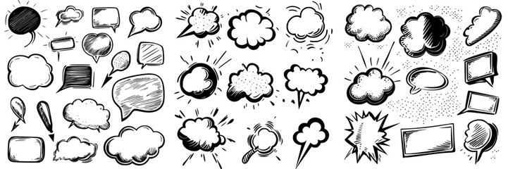 Poster - Variety of speech bubbles and cloud shapes in black and white design for storytelling and communication concepts