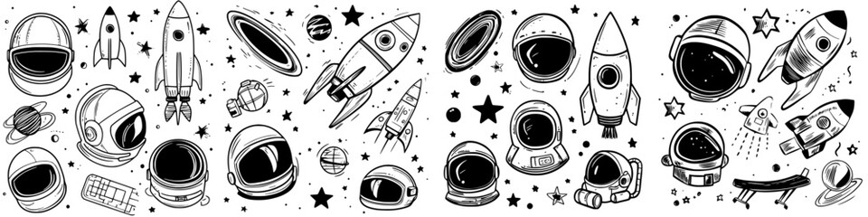 Wall Mural - illustration featuring various rockets, astronauts, and celestial objects in a space-themed design a