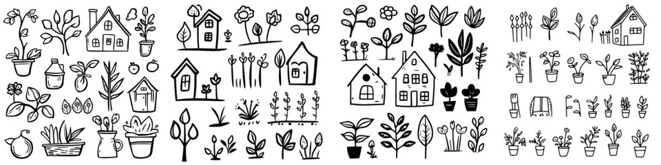 Poster - Various hand-drawn plant and house designs displayed in a creative black and white layout filled with botanical art