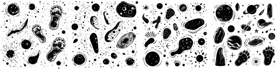 Poster - footprints and microorganisms in abstract art featuring diverse shapes and patterns