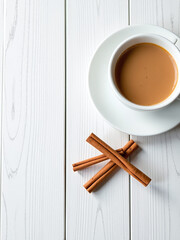 Poster - Cinnamon Heart Shape Sits On A White Wooden Table With Space For Text Near A Cup Of Coffee In Romantic Setup. 00002