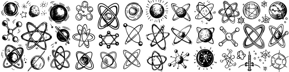 Poster - Various hand-drawn scientific symbols representing atoms, molecules, and celestial bodies in an artistic arrangement