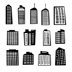 Poster - Stylized black and white illustrations of various modern buildings in a simplistic design