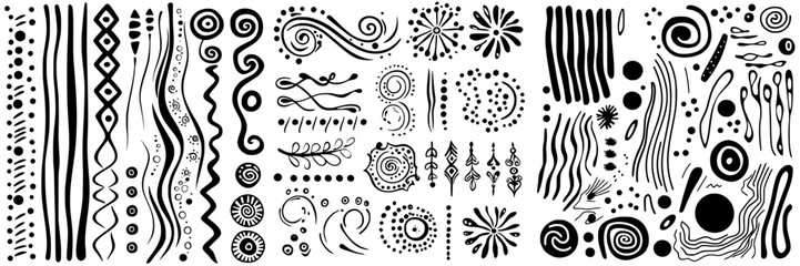 Poster - Abstract black and white patterns featuring swirls, lines, and dots on a light background in a creative art design