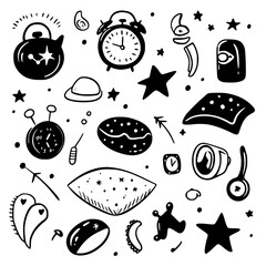 Poster - Decorative doodles featuring various objects and shapes in a playful, black and white design on a light background