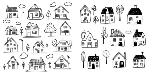 Poster - Collection of hand-drawn houses showcasing different architectural styles and natural elements in a whimsical design