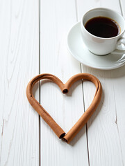Poster - Cinnamon Heart Shape Sits On A White Wooden Table With Space For Text Near A Cup Of Coffee In Romantic Setup. 00001