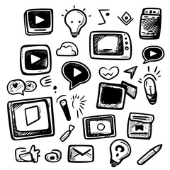 Poster - Creative doodles of multimedia icons representing digital content and communication technology