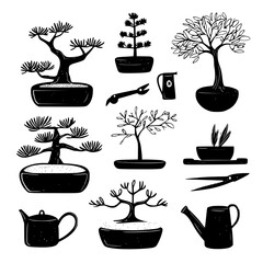 Poster - various bonsai trees and gardening tools displayed in a creative arrangement with plants and pots