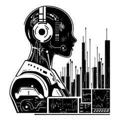 Poster - futuristic robot profile with headphones immersed in digital landscapes during a technology conferen