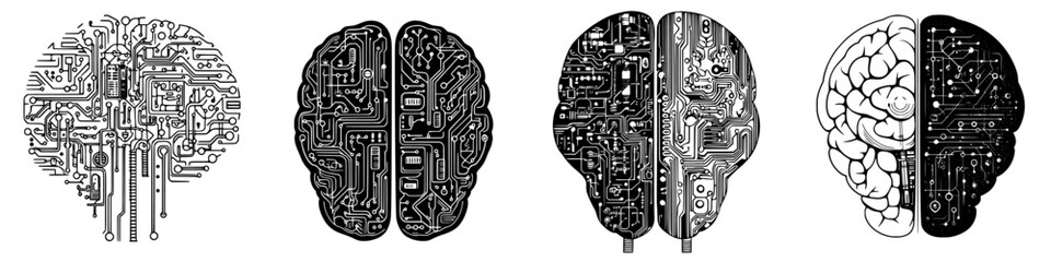 Poster - Exploration of artificial intelligence through detailed illustrations of brain circuits and technology connections