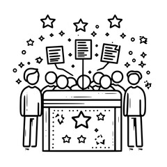 Poster - creative brainstorming session with team members gathered around a table discussing ideas and strate
